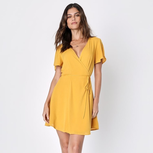 NWT Lulus Harbor Point Mustard Yellow Flutter-Sleeve Mini Wrap Dress - Picture 2 of 12